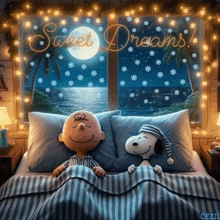 snoopy and charlie brown are sleeping in a bed with the words sweet dreams written on the window behind them .