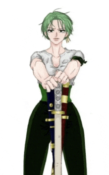 a woman with green hair is holding a sword between her arms .