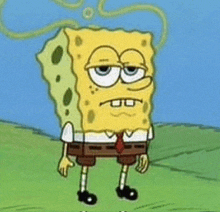 spongebob squarepants is standing in a field with his eyes closed and a sad look on his face .