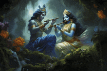 a painting of a man and woman playing a flute