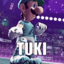 a cartoon character is standing in front of a crowd and the word tuki is on the bottom of the picture .