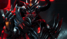 a demon with red eyes and horns holds a sword