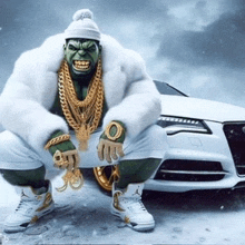 a man in a white fur coat is squatting in front of a car