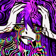 a psychedelic drawing of a person with a purple hair