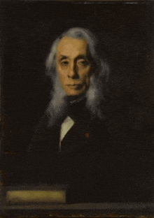 a painting of a man with gray hair and a book