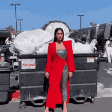 a woman in a red dress is standing in front of a dumpster that has a sign on it that says " no smoking "