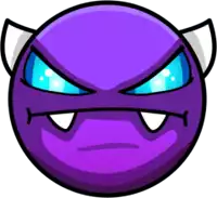 a cartoon purple ball with horns and teeth