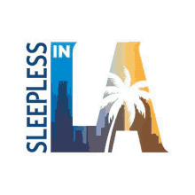 a logo for sleepless in la with a palm tree and city skyline