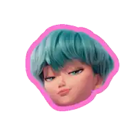 a cartoon character with blue hair is on a pink sticker