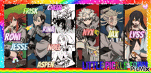 a group of anime characters are lined up in a rainbow colored frame