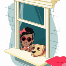 a cartoon of a girl and a dog in a window