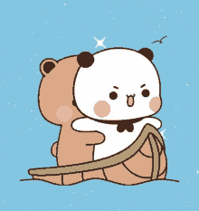 a cartoon drawing of two bears hugging each other in a boat