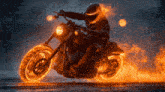 a man riding a motorcycle with flames coming out of the wheels