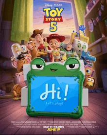 a poster for toy story 5 shows woody and jessie surrounded by toys