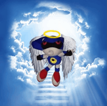 a stuffed toy with angel wings and a halo is flying through a cloudy sky