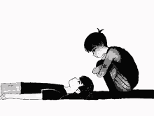 a black and white drawing of a boy laying on another boy 's back