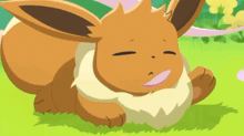 a cartoon eevee is laying on the grass with its eyes closed