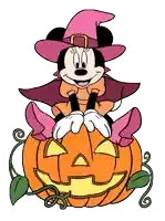 minnie mouse wearing a pink witch hat sits on a pumpkin