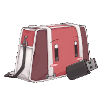 a cartoon drawing of a red bag and a usb stick