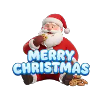 a merry christmas greeting card with santa eating cookies