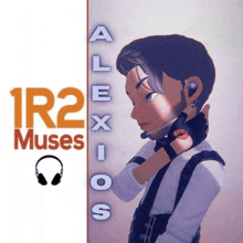 a poster for alexios 1r2 muses with a cartoon character on it