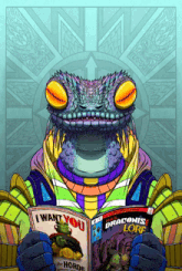 a colorful frog is reading a book titled dragons lore