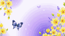 a blue butterfly is flying in front of a purple background with yellow flowers