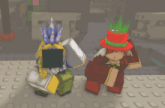 two cartoon characters are standing next to each other and one has a red hat on