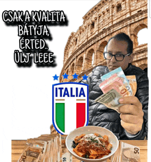 a man holding a bowl of pasta and a stack of money with the word italia on it