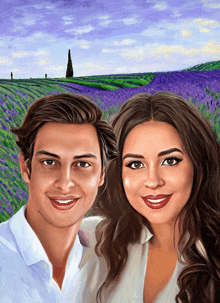 a man and a woman are posing for a picture in front of a field of lavender