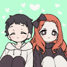 a boy and a girl sitting next to each other with hearts around them