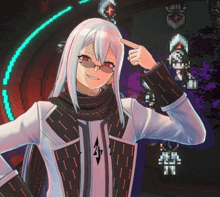 a cartoon character with long white hair and red eyes is wearing glasses and a scarf