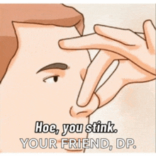 a cartoon of a man holding his nose with the words hoe you stink your friend dp.