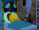 a cartoon of spongebob laying in bed with an alarm clock