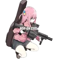 a girl with pink hair is holding a gun and a guitar case behind her
