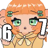 a pixel art drawing of a girl with green eyes holding the number 6