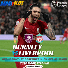 a poster for burnley vs liverpool shows a soccer player on the field