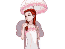 a pixel art drawing of a woman holding a pink and white umbrella