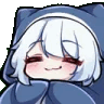 a cartoon girl with white hair is wearing a blue cat hat and covering her face with her hands .