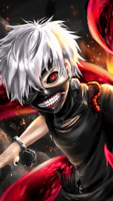 a boy with white hair and red eyes is wearing a mask