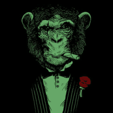 a chimpanzee in a tuxedo is smoking a cigarette and holding a rose .