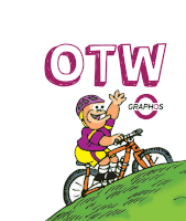 a cartoon of a boy riding a bike with the words otw graphos on the bottom