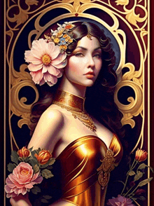 a painting of a woman with flowers in her hair and a gold dress