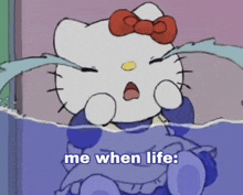 a cartoon of hello kitty crying with the words `` me when life '' .