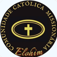 a logo for comunidade catolica missionaria elohim with a cross in the center