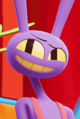 a close up of a purple cartoon bunny with yellow eyes