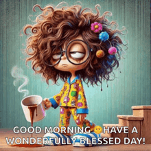 a girl with curly hair and glasses is holding a cup of coffee .
