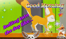 a good morning greeting card with a fox and a dog