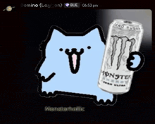 a blue cat is holding a can of monster energy drink