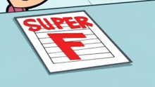 a cartoon character is sitting at a table with a super f grade on a piece of paper .